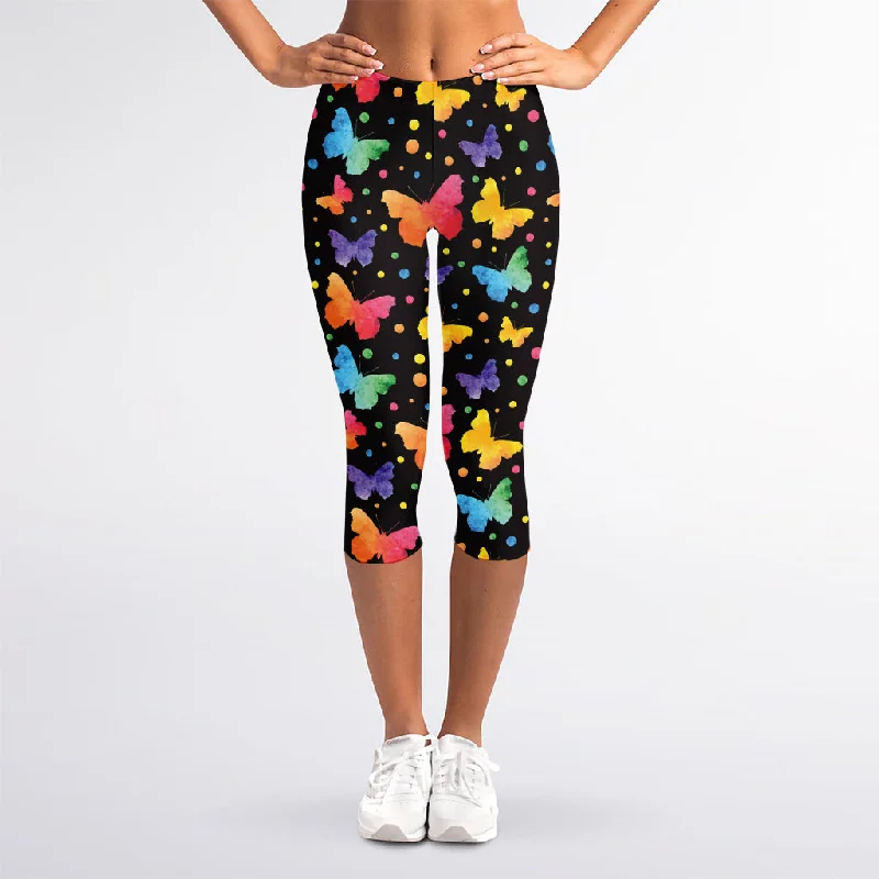 Colorful Watercolor Butterfly Print Women's Capri Leggings Comfortable Capri-Length Leggings