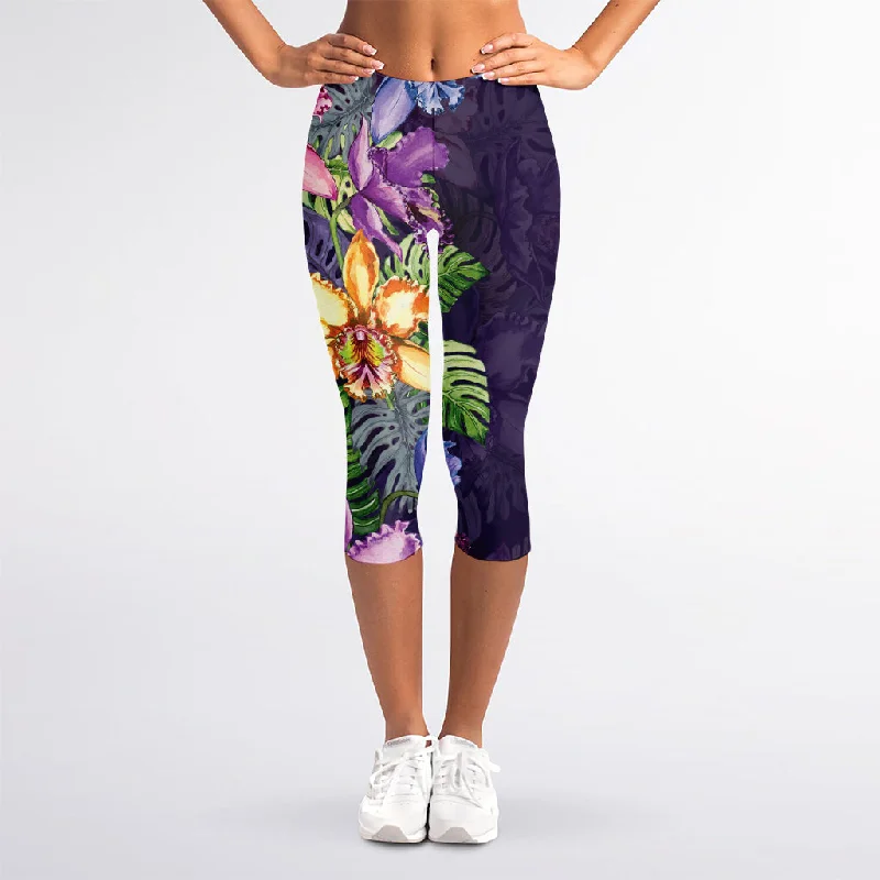 Colorful Watercolor Cattleya Print Women's Capri Leggings Trendy Tie-Dye Leggings