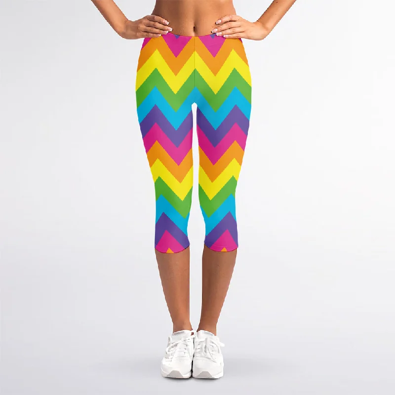 Colorful Zigzag Pattern Print Women's Capri Leggings Trendy Mesh Leggings