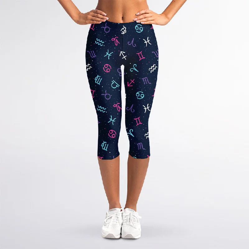 Colorful Zodiac Symbols Pattern Print Women's Capri Leggings Fashionable Tummy Control Leggings