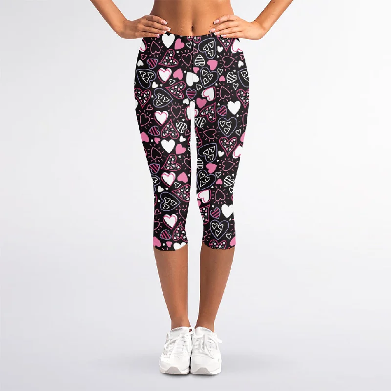 Cute Girly Heart Pattern Print Women's Capri Leggings Stylish Ankle-Length Leggings