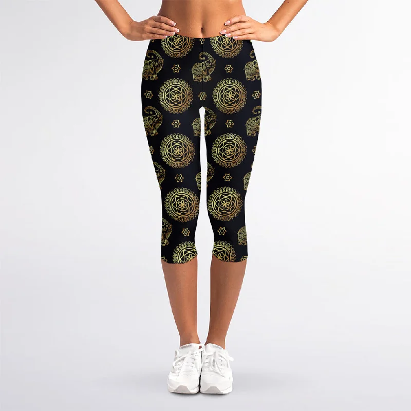 Cute Gold Boho Elephant Pattern Print Women's Capri Leggings Comfortable Fleece-Lined Leggings