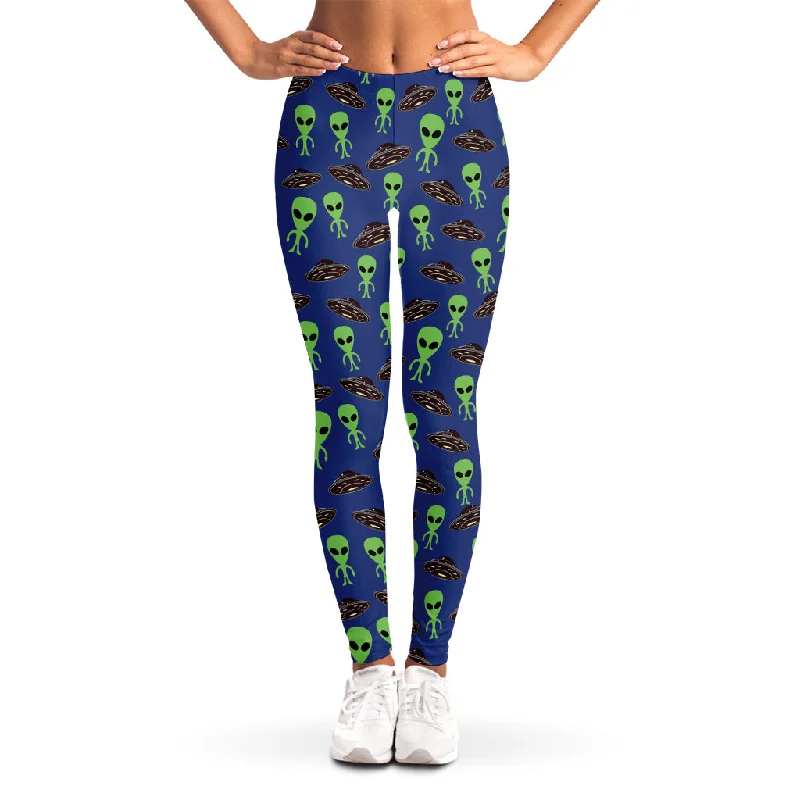 Cute Green Alien UFO Print Women's Leggings Fashionable Sports Compression Leggings