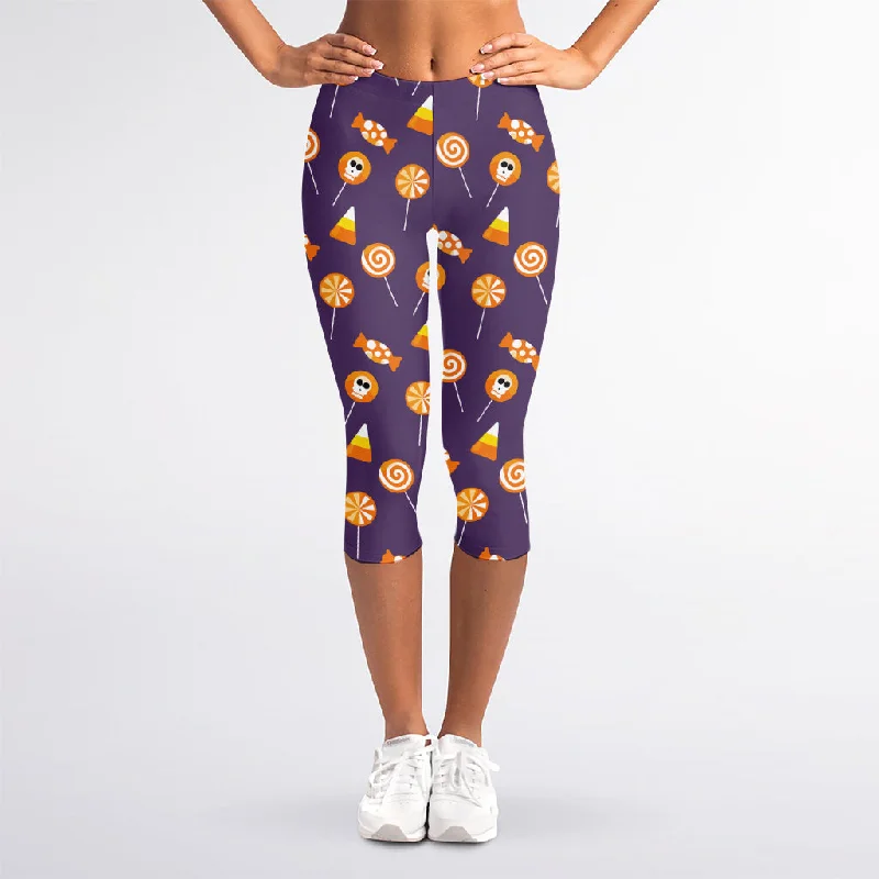 Cute Halloween Candy Pattern Print Women's Capri Leggings Comfortable Ribbed Sports Leggings