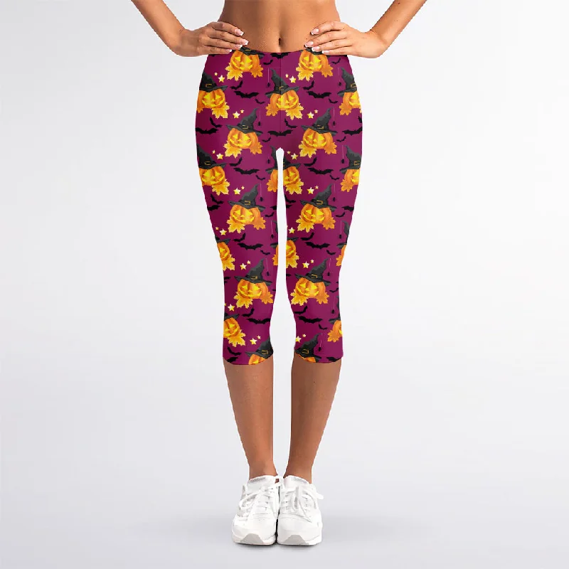 Cute Halloween Pumpkin Witch Print Women's Capri Leggings Stylish High-Waisted Leggings