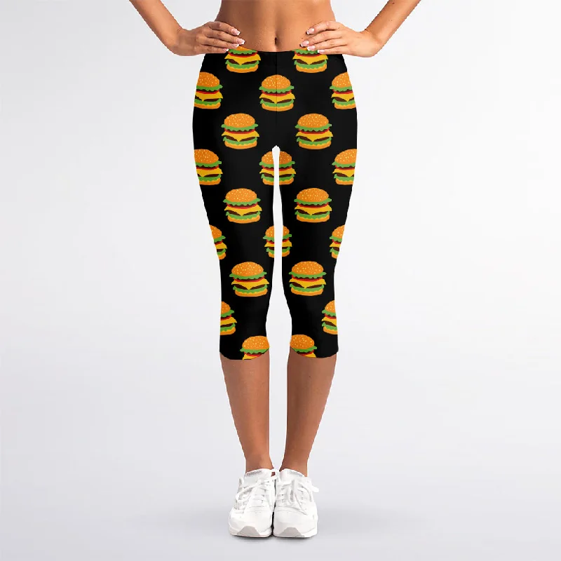 Cute Hamburger Pattern Print Women's Capri Leggings Comfortable Wide-Band Leggings