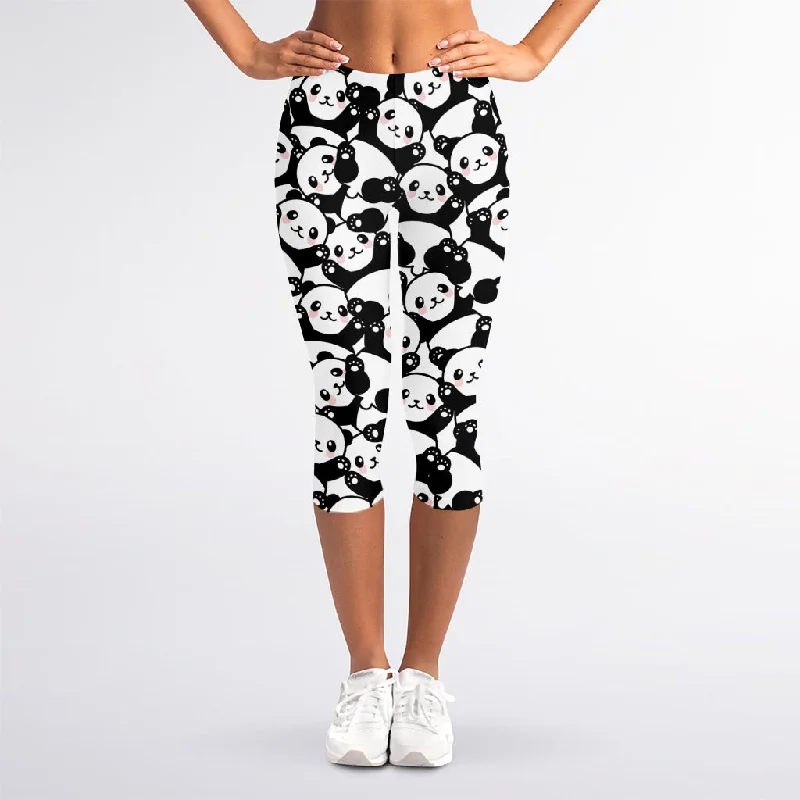 Cute Happy Panda Pattern Print Women's Capri Leggings Fashionable Moisture-Wicking Leggings