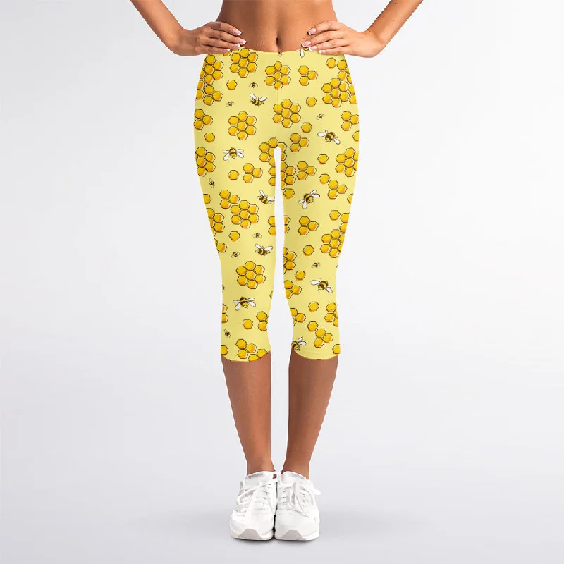 Cute Honey Bee Pattern Print Women's Capri Leggings Fashionable Full-Length Active Leggings