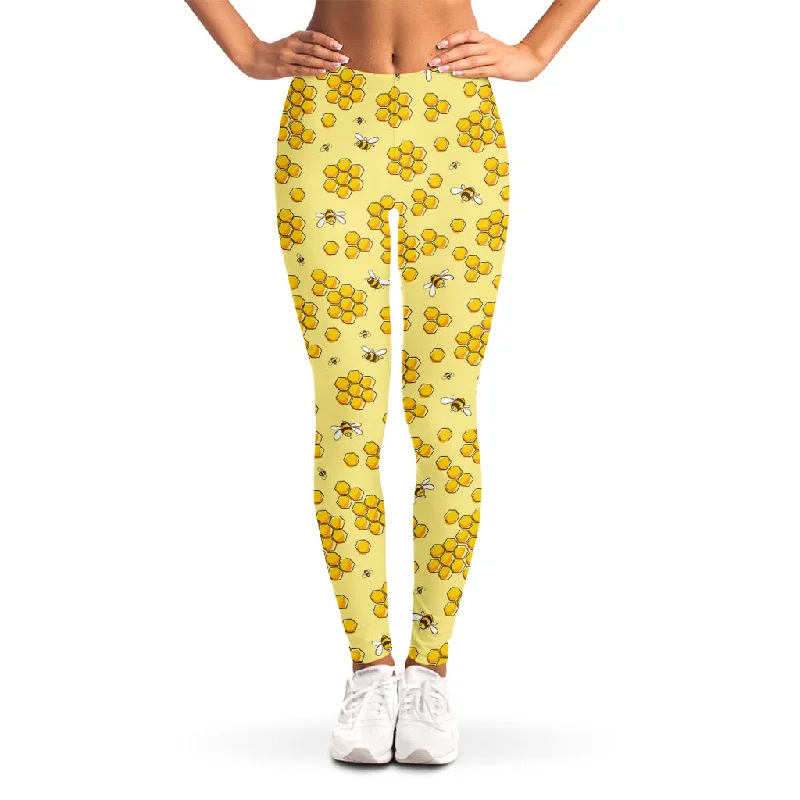 Cute Honey Bee Pattern Print Women's Leggings Comfortable Ribbed Waistband Leggings