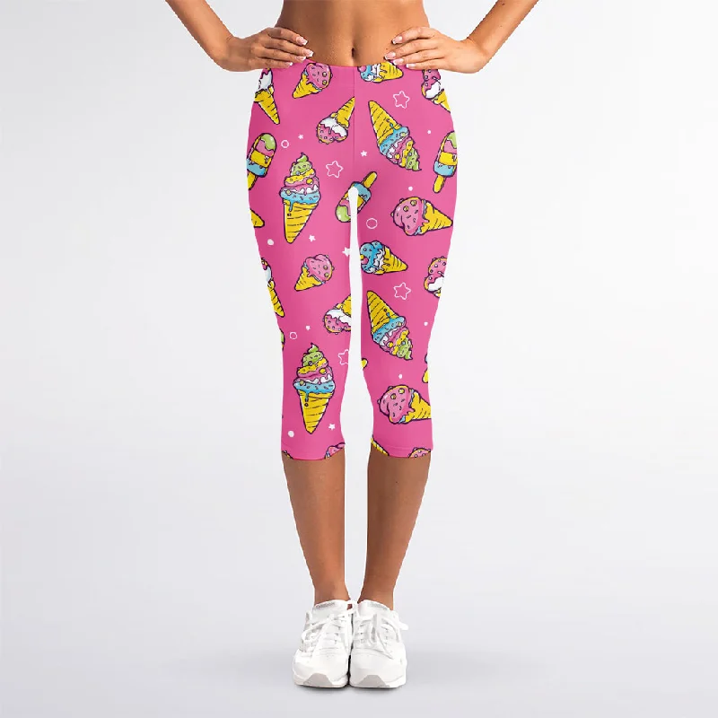 Cute Ice Cream Pattern Print Women's Capri Leggings Cozy Textured Workout Leggings