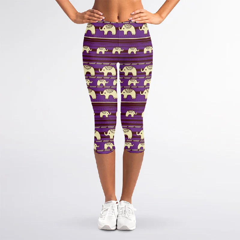 Cute Indian Tribal Elephant Print Women's Capri Leggings Trendy Flared Leggings