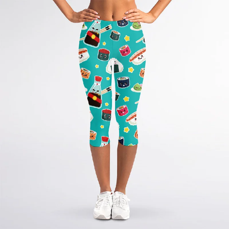 Cute Japanese Sushi Pattern Print Women's Capri Leggings Fashionable Quick-Dry Yoga Pants