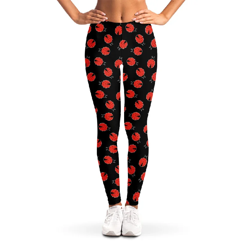 Cute Ladybird Pattern Print Women's Leggings Elegant Stretchy Faux Leather Leggings