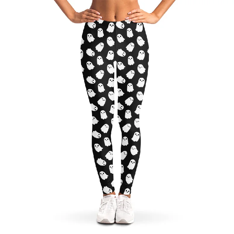 Cute Little Ghost Pattern Print Women's Leggings Trendy Color Block Leggings