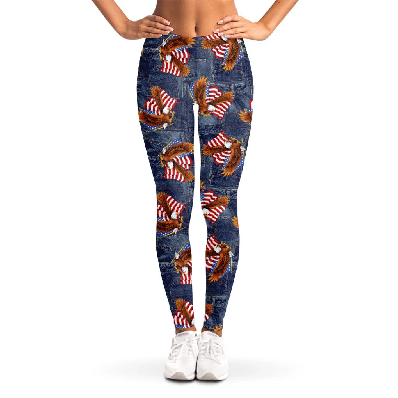 Denim American Eagle Pattern Print Women's Leggings Cozy Cotton Leggings