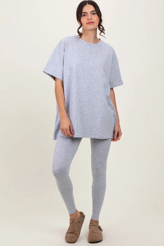 Heather Grey Oversized Crewneck Short Sleeve and Legging Set Trendy Faux Suede Leggings