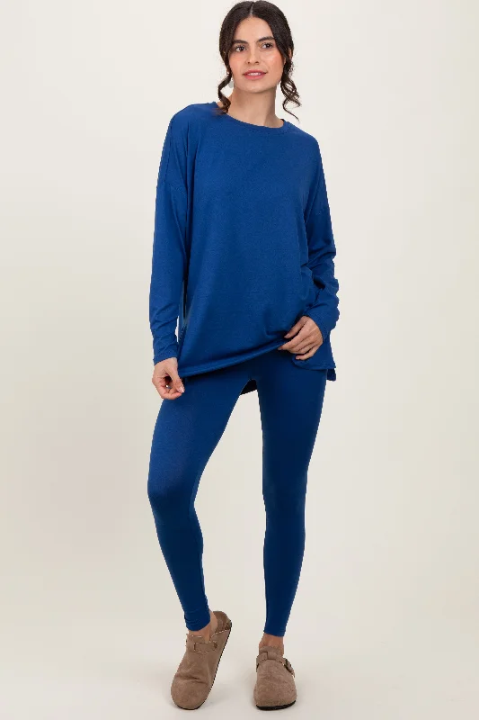 Navy Brushed Knit Oversized Top and Legging Set Comfortable Leggings with Pockets