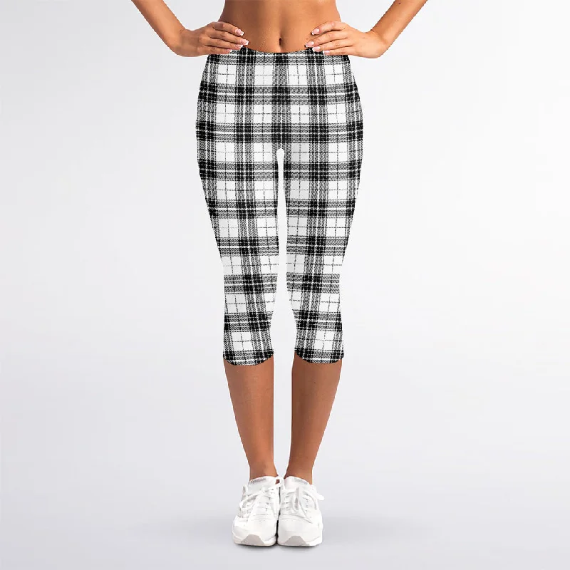 Black And White Tartan Pattern Print Women's Capri Leggings Comfortable Zip-Up Leggings