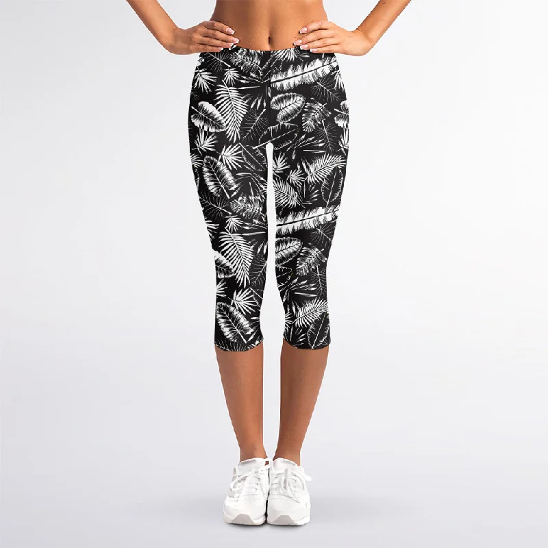 Black And White Tropical Palm Leaf Print Women's Capri Leggings Elegant Full-Body Leggings