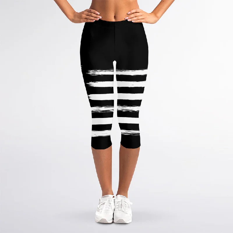 Black And White USA Flag Print Women's Capri Leggings Cozy Lounge Pants Leggings