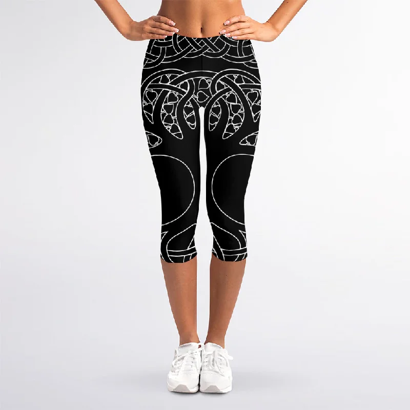 Black And White Viking Yggdrasil Print Women's Capri Leggings Stylish Stretch Pants Leggings