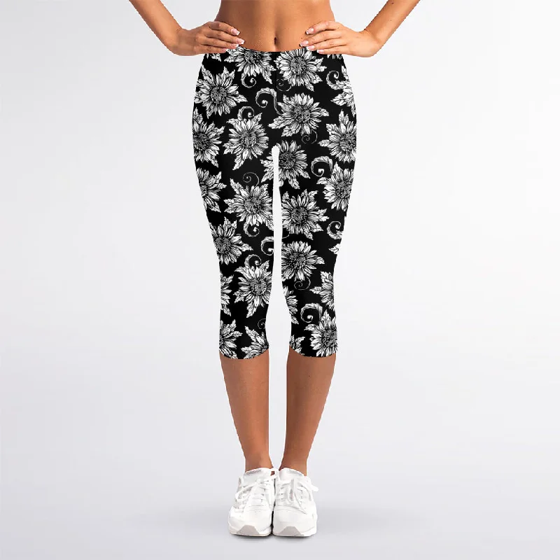 Black And White Vintage Sunflower Print Women's Capri Leggings Cozy Workout Performance Leggings