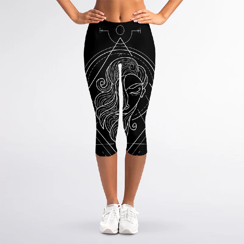 Black And White Virgo Sign Print Women's Capri Leggings Fashionable Quick-Dry Leggings