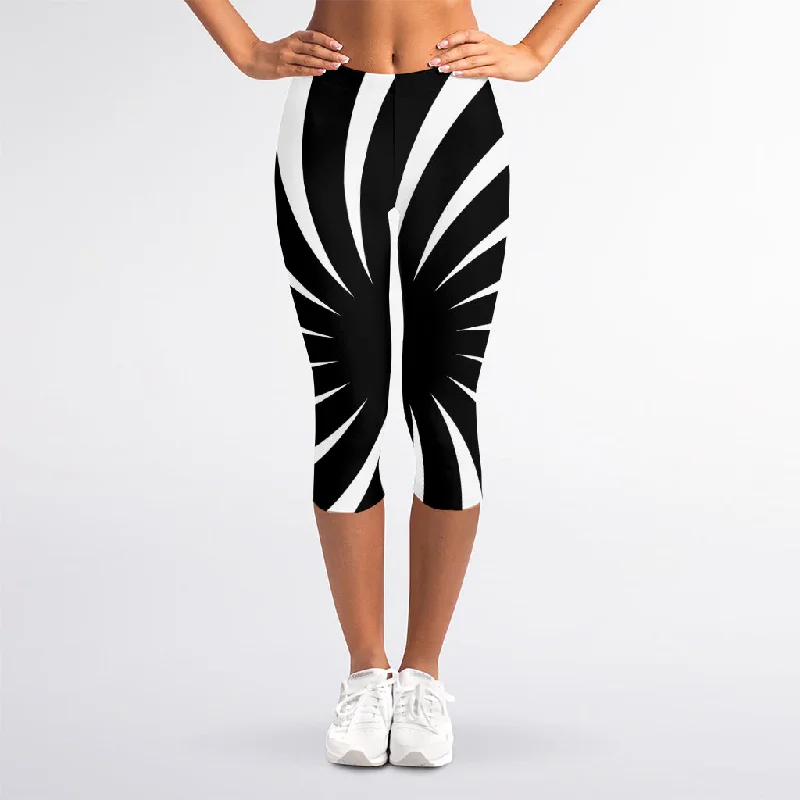 Black And White Vortex Swirl Print Women's Capri Leggings Comfortable Power Mesh Leggings