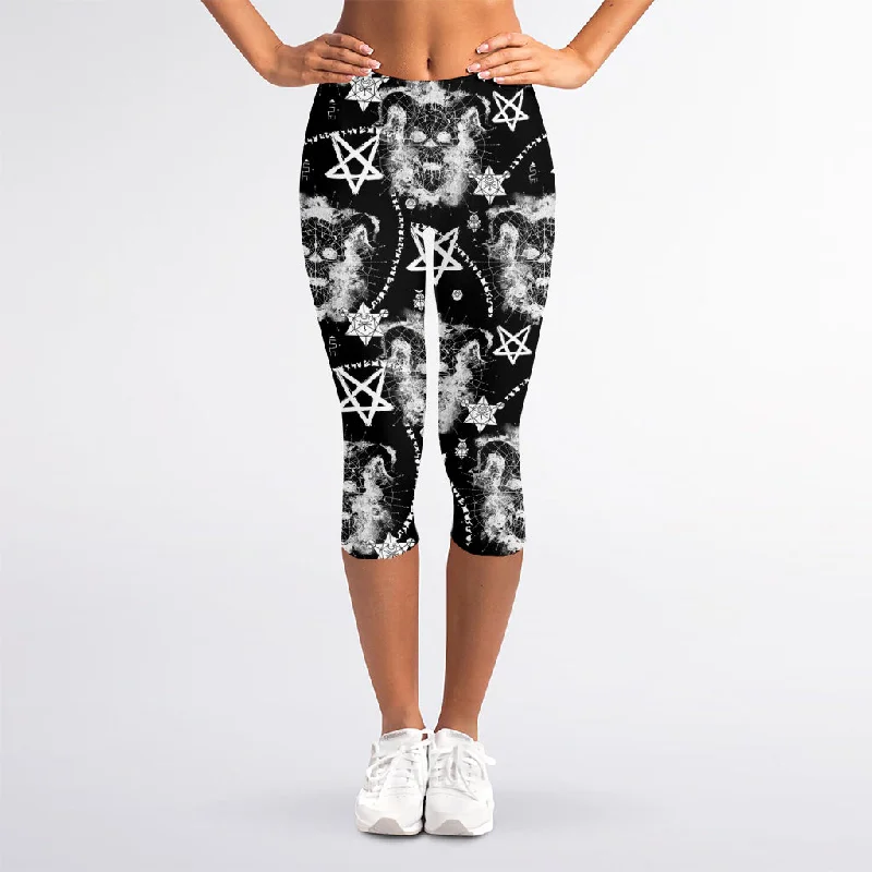 Black And White Wicca Devil Skull Print Women's Capri Leggings Trendy Polka Dot Leggings