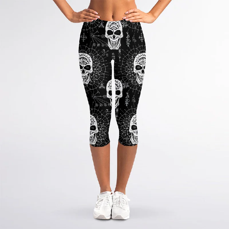 Black And White Wicca Evil Skull Print Women's Capri Leggings Elegant Shiny Black Leggings