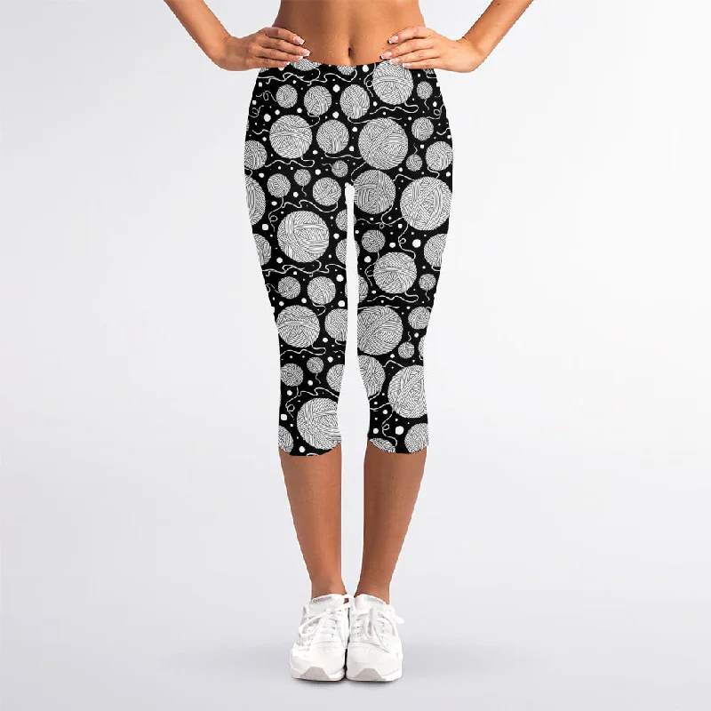 Black And White Yarn Pattern Print Women's Capri Leggings Trendy Ombre Effect Leggings