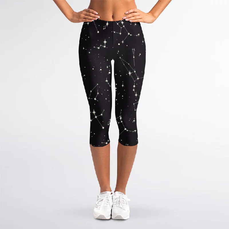 Black And White Zodiac Stars Print Women's Capri Leggings Trendy Activewear Leggings