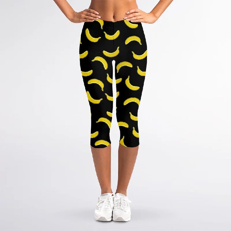 Black And Yellow Banana Pattern Print Women's Capri Leggings Classic Solid Color Leggings