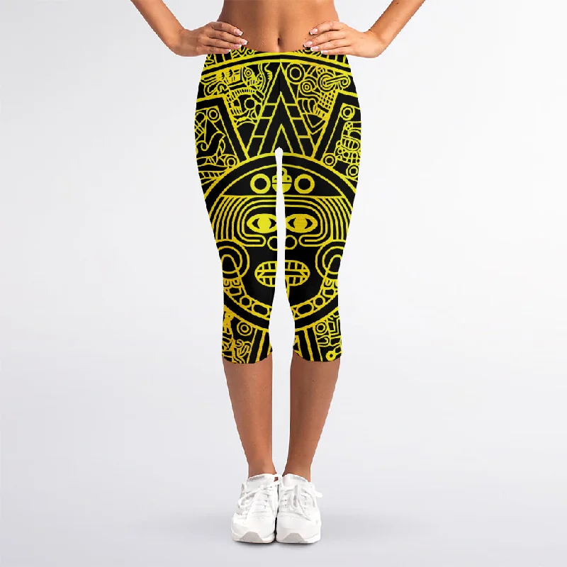 Black And Yellow Maya Calendar Print Women's Capri Leggings Chic Workout Leggings