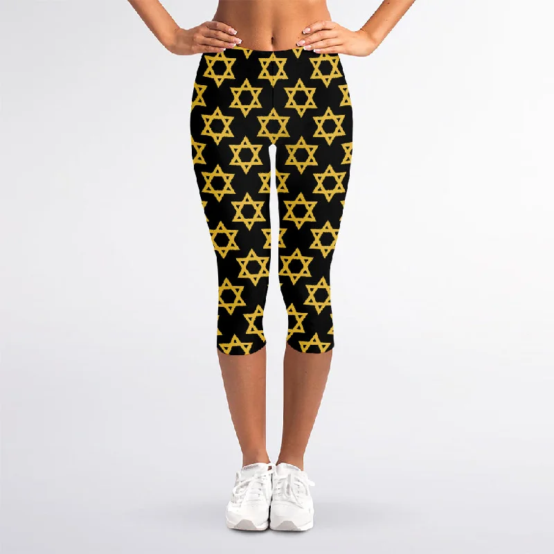 Black And Yellow Star of David Print Women's Capri Leggings Trendy Colorblock Print Leggings