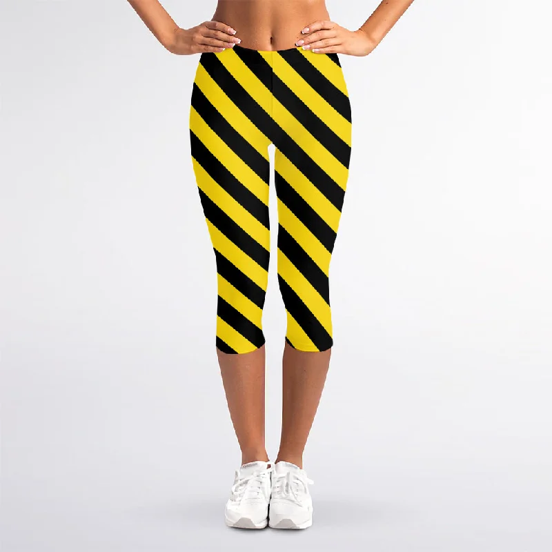 Black And Yellow Warning Striped Print Women's Capri Leggings Comfortable Sports Performance Tights