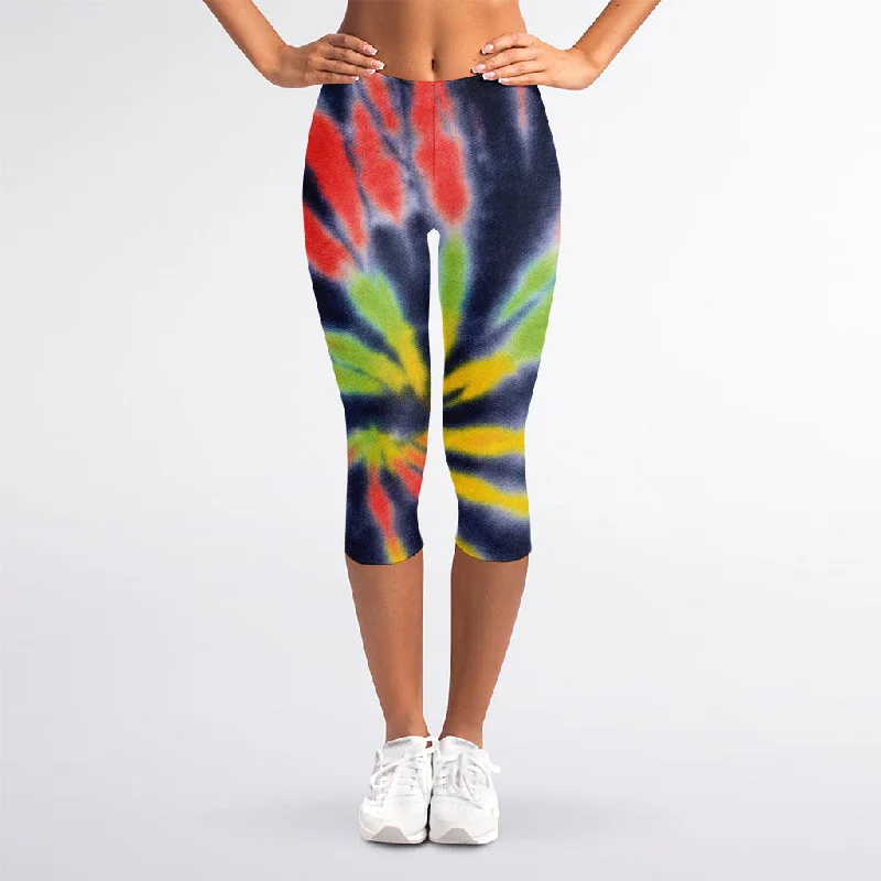 Black Backed Spiral Tie Dye Print Women's Capri Leggings Stylish Printed Sport Leggings