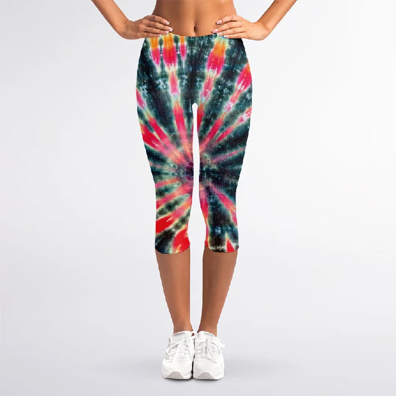 Black Backed Tie Dye Print Women's Capri Leggings Comfortable Ribbed Sports Leggings