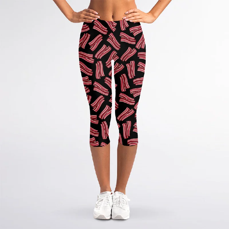 Black Bacon Pattern Print Women's Capri Leggings Fashionable Minimal Active Leggings