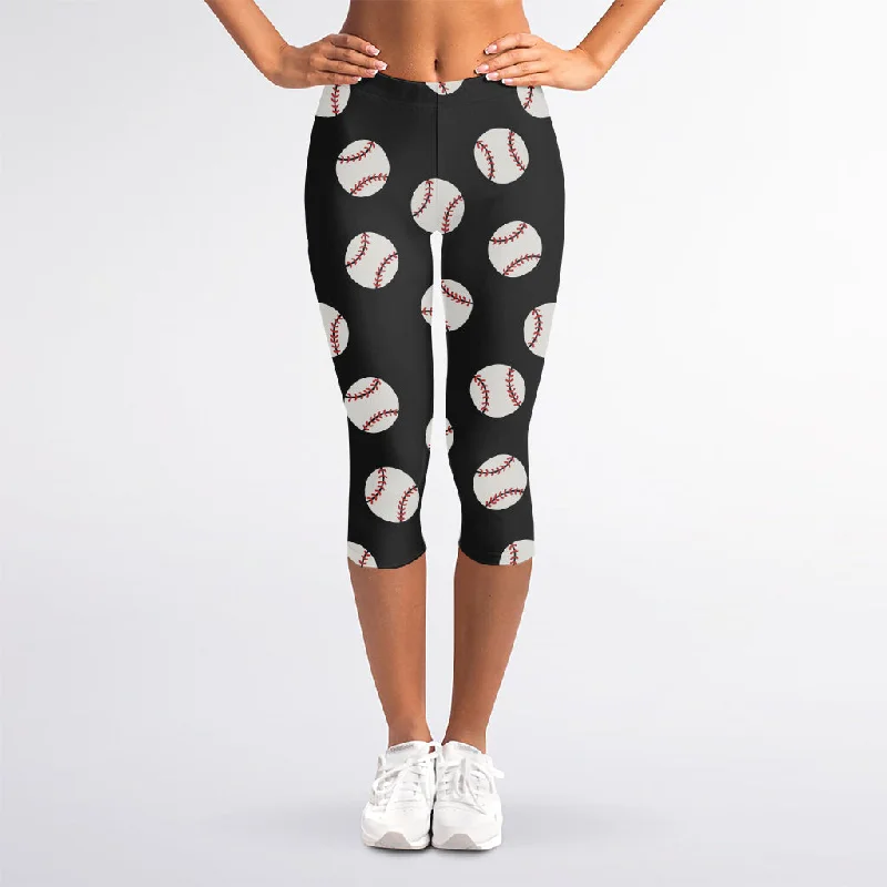 Black Baseball Pattern Print Women's Capri Leggings Comfortable Athletic Tights