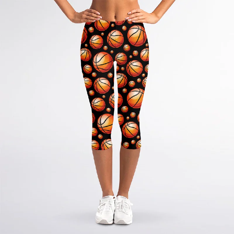 Black Basketball Pattern Print Women's Capri Leggings Stylish Side-Stripe Leggings