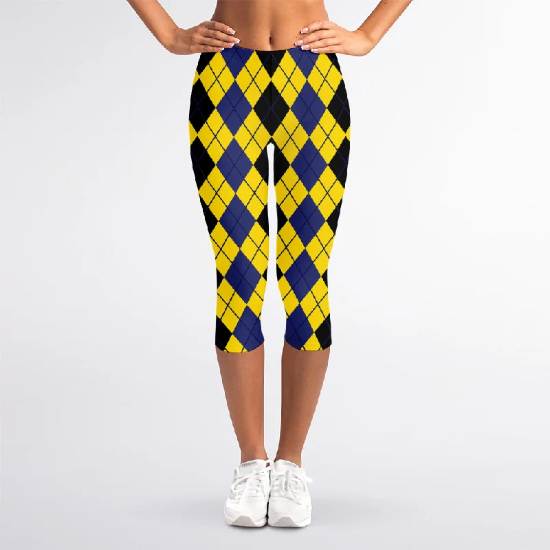 Black Blue And Yellow Argyle Print Women's Capri Leggings Comfortable Slip-On Compression Leggings