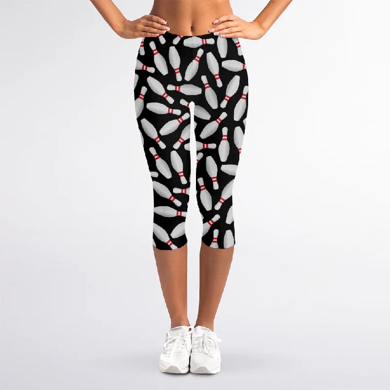 Black Bowling Pins Pattern Print Women's Capri Leggings Trendy Seamless Sports Leggings