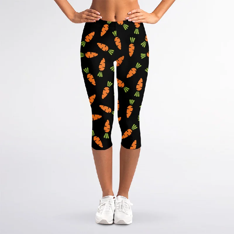 Black Carrot Pattern Print Women's Capri Leggings Stylish Sporty Performance Leggings