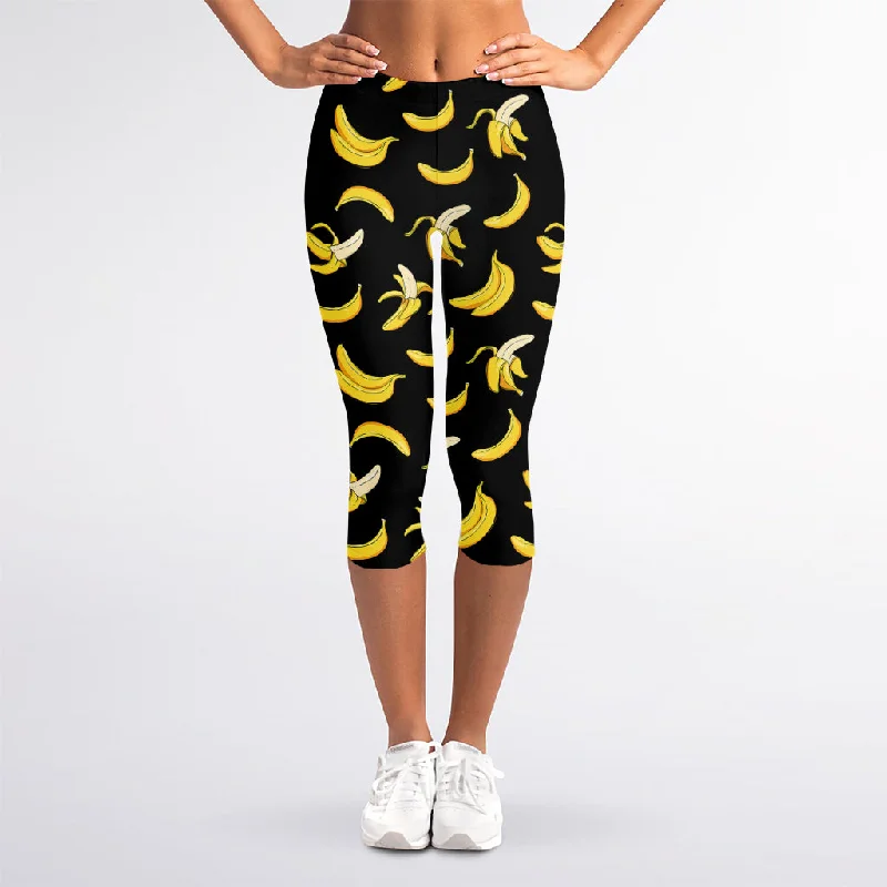 Black Cartoon Banana Pattern Print Women's Capri Leggings Elegant Sheer Leggings