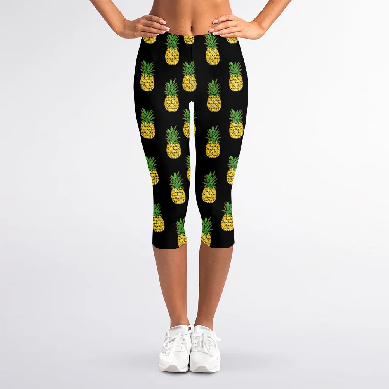 Black Cute Pineapple Pattern Print Women's Capri Leggings Stylish Everyday Leggings