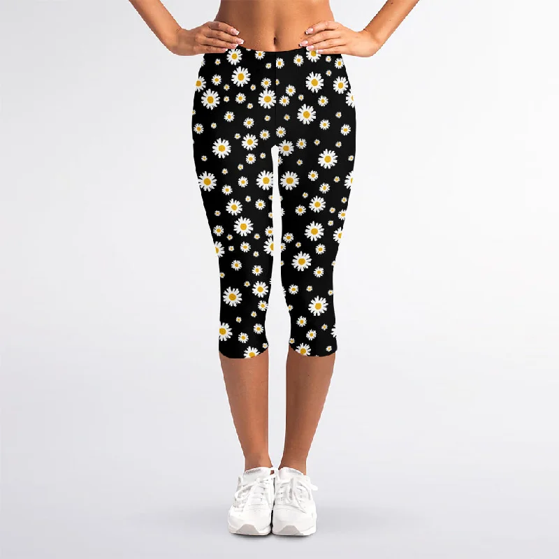 Black Daisy Floral Pattern Print Women's Capri Leggings Fashionable High-Rise Workout Leggings