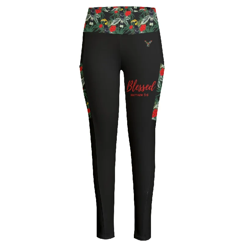 BLESSED Floral Print High Waist Leggings With Side Pockets Trendy Color Block Leggings