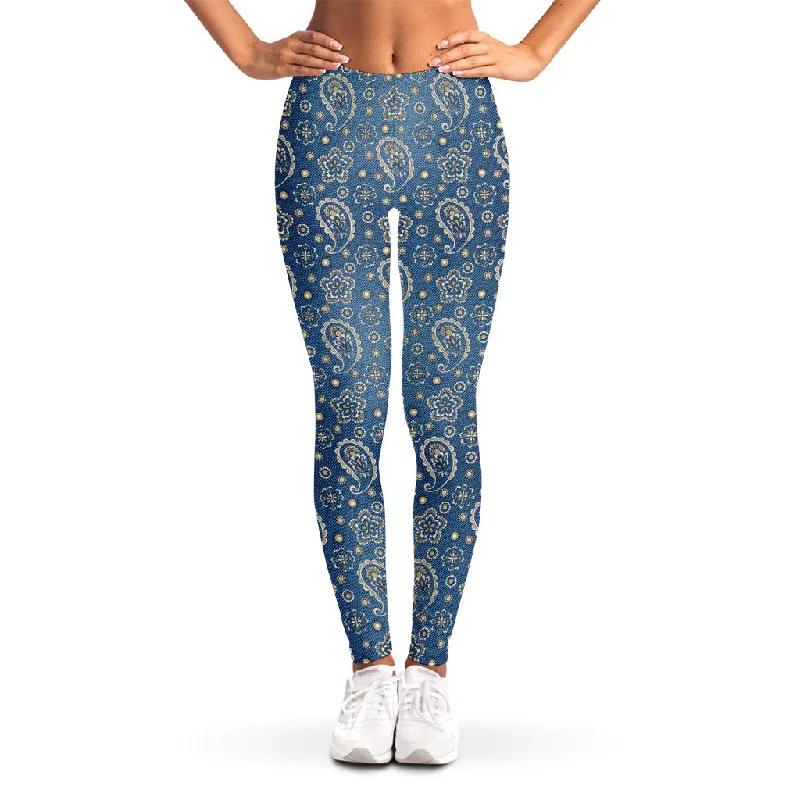 Blue Denim Western Paisley Print Women's Leggings Fashionable High-Rise Workout Leggings