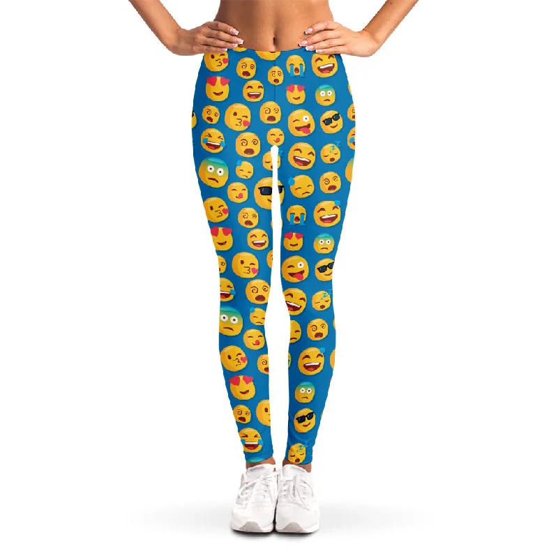 Blue Emoji Pattern Print Women's Leggings Comfortable Tummy Shaping Leggings